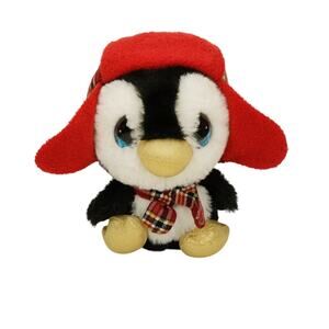 Penguin Plush Plaid Tartan Red Ear Flap Hat Scarf Stuffed Animal Toy